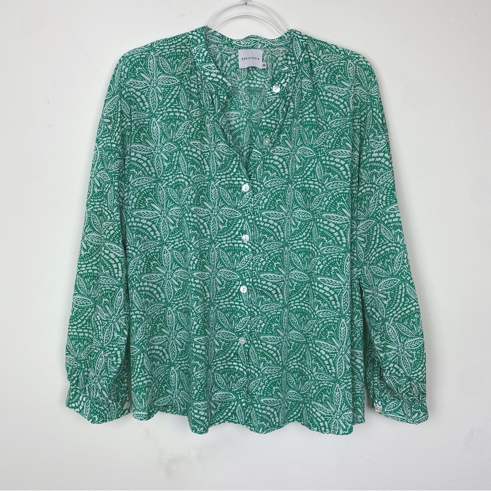 Eileen Fisher Green Printed Button-Front Blouse